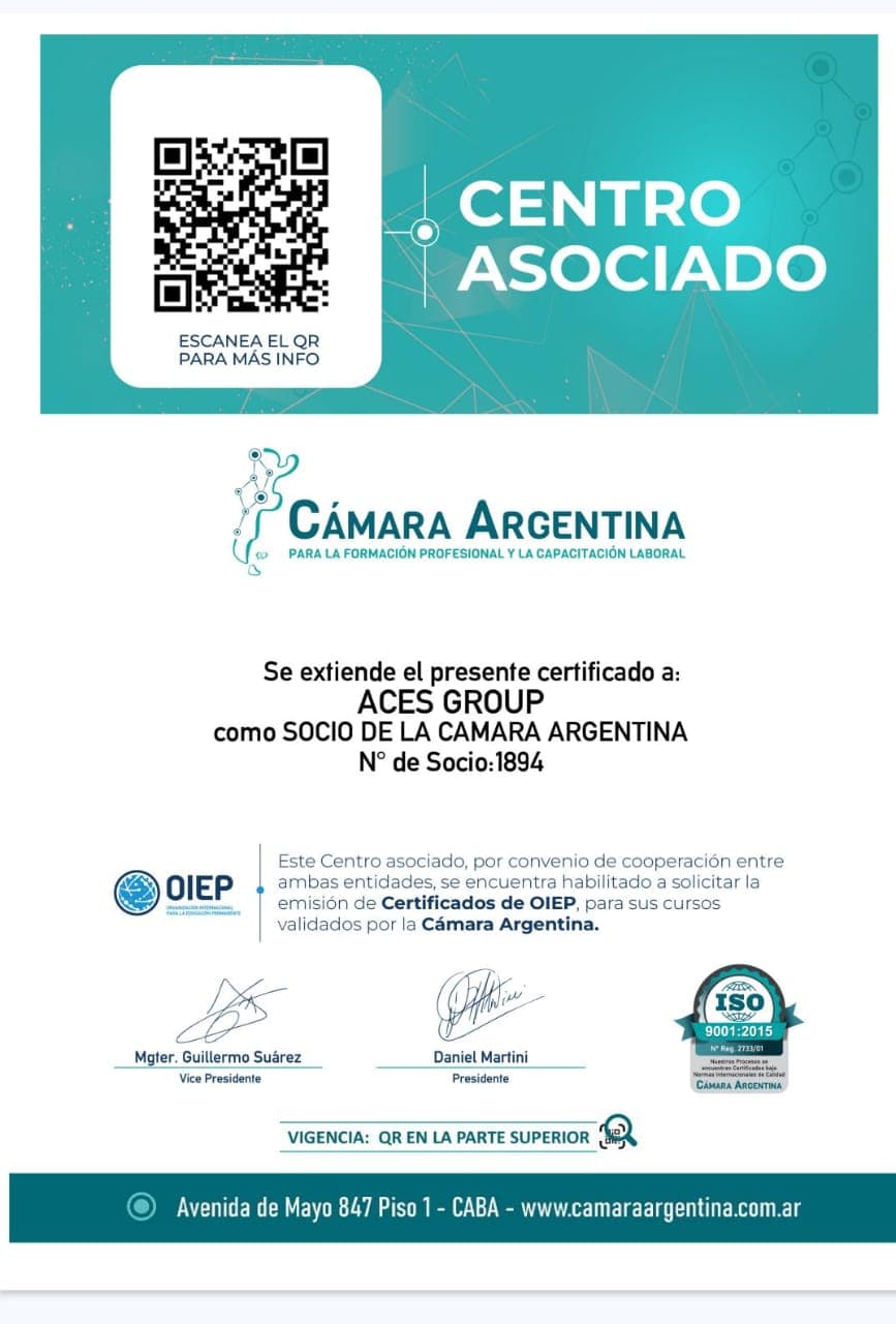 Certificado de Centro Asociado a la Cámara Argentina para la Formación Profesional y la Capacitación Laboral